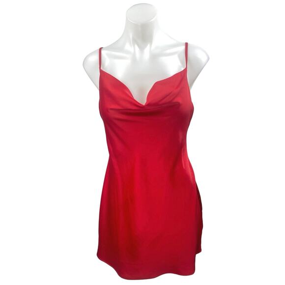 Urban Outfitters Red Silk Satin Cowl Neck Sleeveless Cami Tank Mini Slip Dress M - Picture 1 of 3
